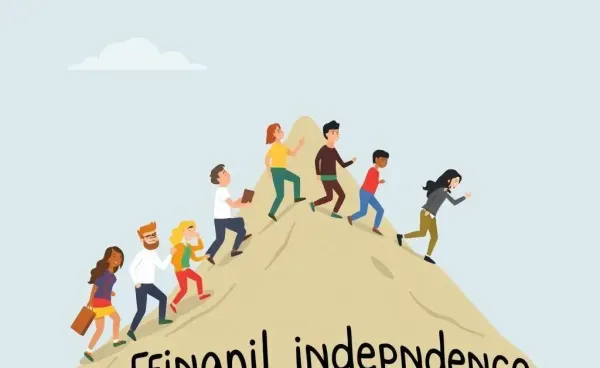 Cartoon group climbing a financial independence mountain