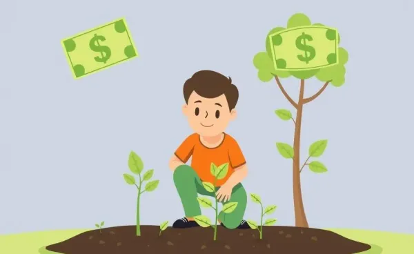 Cartoon illustration of a person planting seeds that grow into money trees