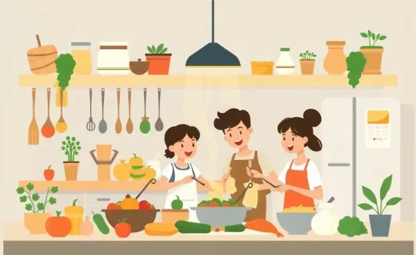 Cozy kitchen scene with a family cooking together