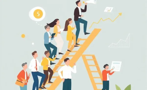 Diverse professionals climbing a financial career ladder