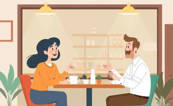 Cartoon image of a friendly financial planning discussion at a coffee shop