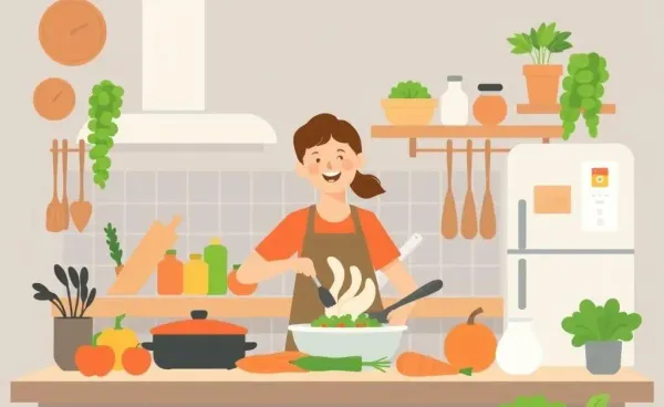 Person cooking happily in a cozy kitchen