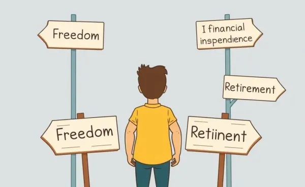 A cartoon-style illustration of a person at a crossroads with signs pointing to financial independence and freedom.
