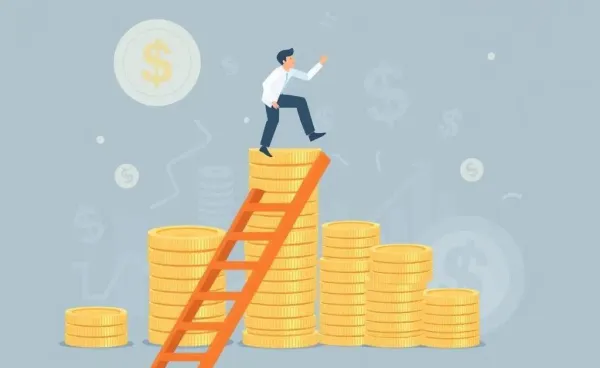 Person climbing a ladder made of coins with financial symbols in the background
