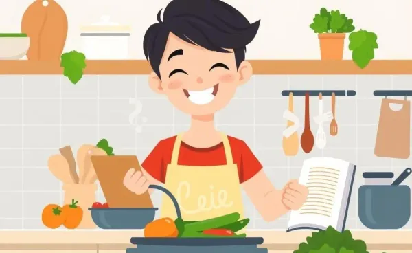 Person cooking happily in a kitchen with fresh vegetables
