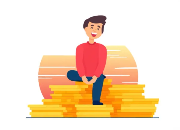Person enjoying financial independence surrounded by coins