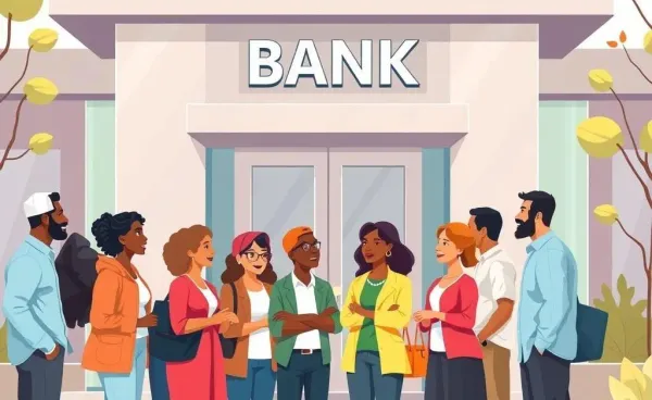 Diverse group discussing financial matters outside a bank
