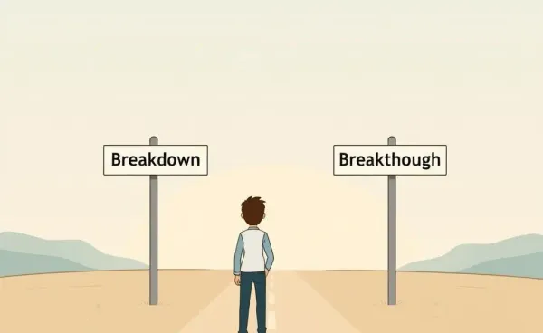 A person contemplating a crossroad with two paths labeled 'Breakdown' and 'Breakthrough'