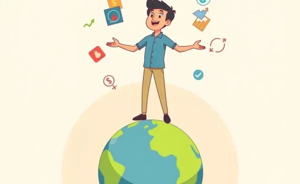 Person juggling global stock market icons on a globe