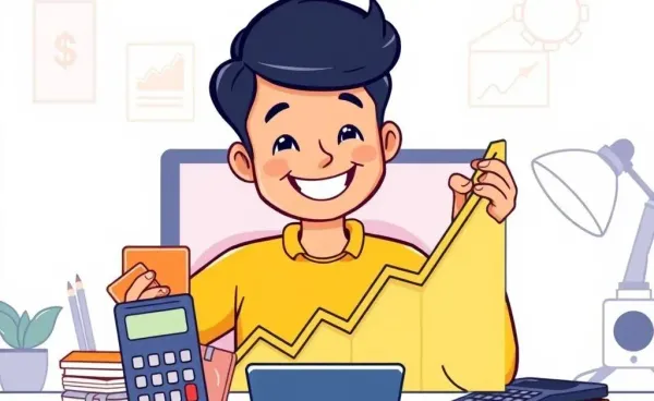 Illustration of a person looking at an improving credit score graph