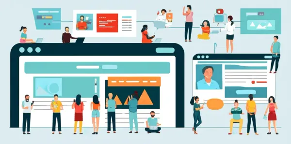 An illustration of diverse individuals engaging with digital devices