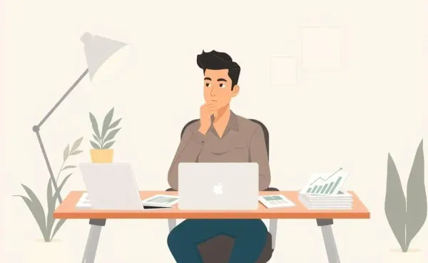 Person thinking over financial documents and a laptop, contemplating investment strategies