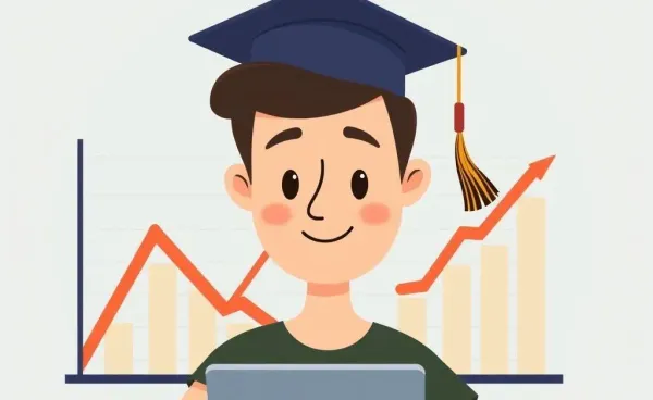 A person analyzing financial growth with graduation cap