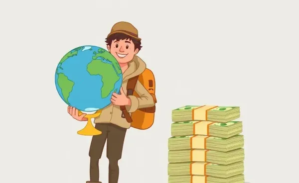 Traveler with a globe and stack of money representing global investments