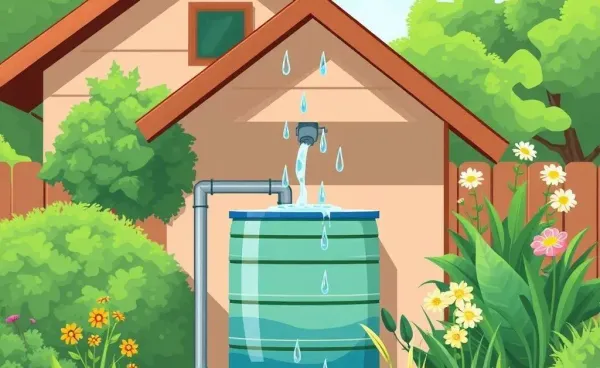 Water butt collecting rainwater in a garden environment