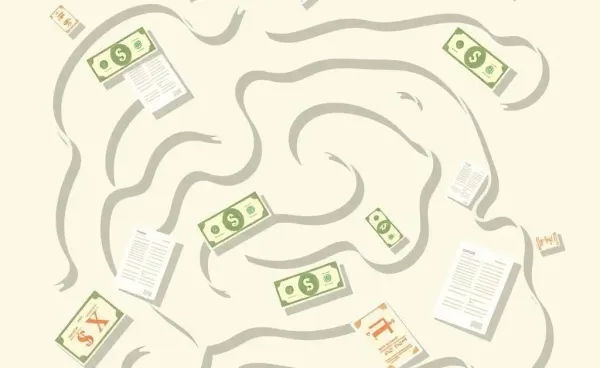 Maze with dollar bills and tax forms illustrating tax complexity