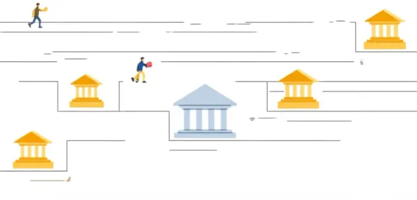 Person navigating a banking-themed maze