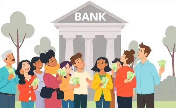 A cartoon depiction of diverse individuals with a bank