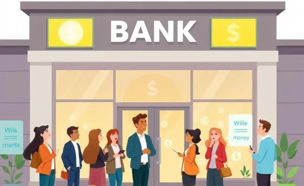 Illustration of a bank with people discussing financial matters