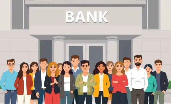 People standing in front of a bank looking concerned
