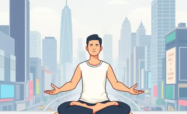 Person meditating in a busy cityscape