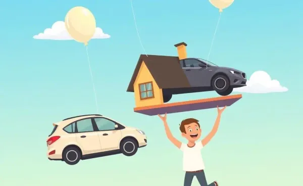 A person juggling a house and car balloons, symbolizing financial balancing.