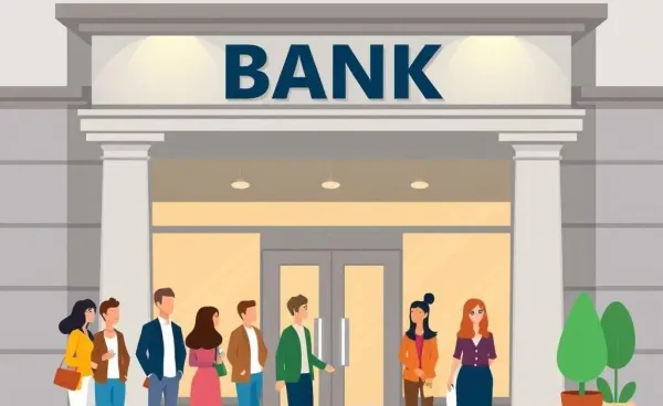 Cartoon-style bank with diverse group of people