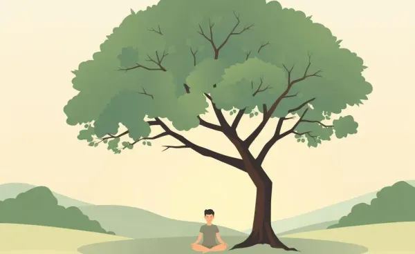 Person meditating under a tree in a tranquil landscape