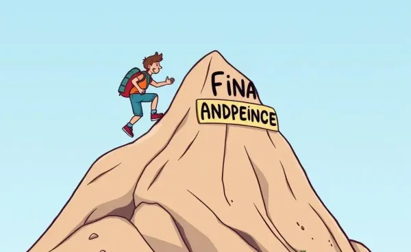 A cartoon-style person climbing a financial independence mountain