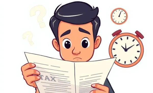 Person examining tax document with question marks and a clock