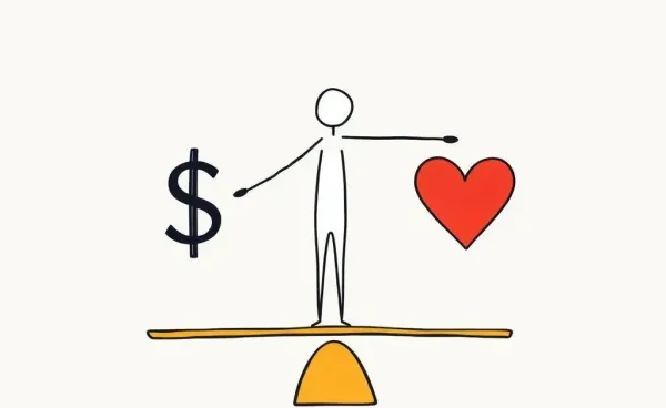 A person balancing a dollar sign and a heart on a scale