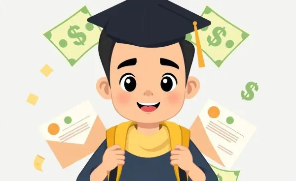 Student navigating financial aid process with money and letters