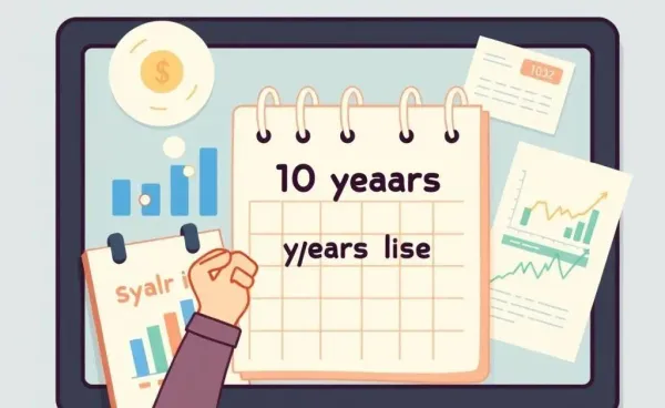 Person contemplating financial charts and calendar marked 10 years later
