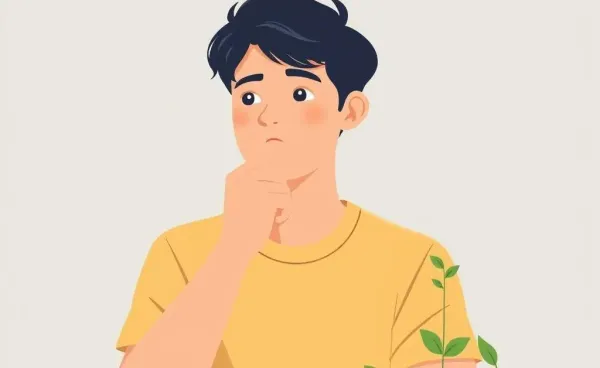 A young adult surrounded by coins and small plants representing savings growth
