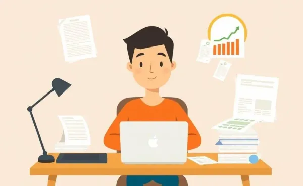 Person at a desk surrounded by financial documents and a laptop