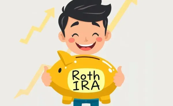 Illustration of a person with a Roth IRA piggy bank and growth charts.