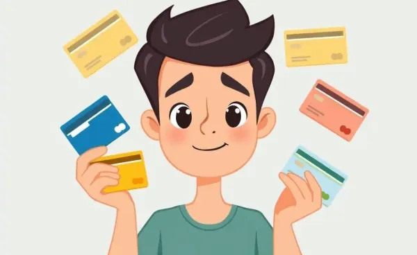Person juggling credit cards, looking thoughtful.