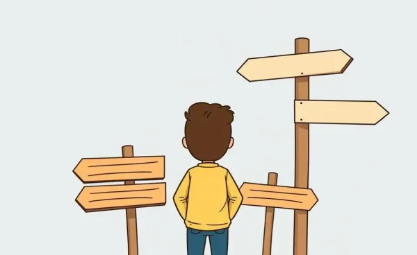 Person at a crossroads with signposts pointing in different directions
