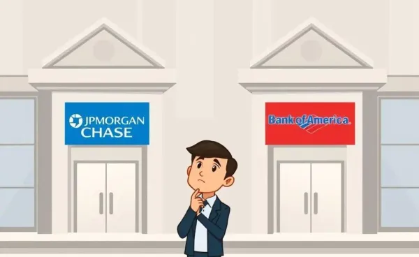 A person standing before banks labeled with JPMorgan Chase and Bank of America pondering their options.
