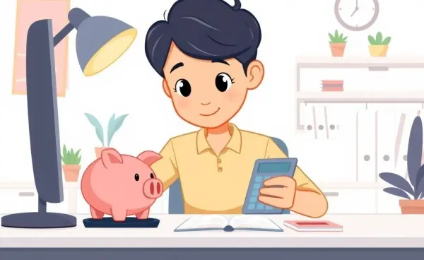 Cartoon of budget planning with piggy bank