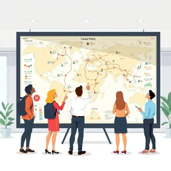 Young professionals studying a career map