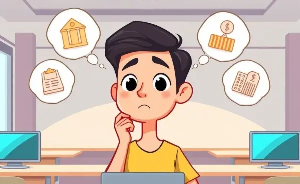 A cartoon student choosing between finance concentrations
