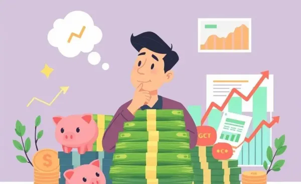 Person considering financial options with money and investment tools