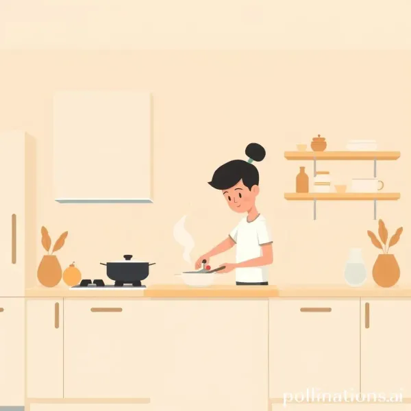 Cartoon of a person cooking in a cozy kitchen