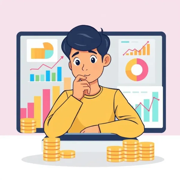 Person managing finances with charts and coins