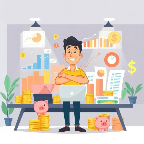 A whimsical illustration of financial planning with charts and piggy banks