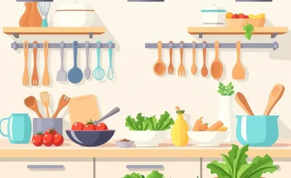 A modern kitchen filled with cooking utensils and fresh ingredients