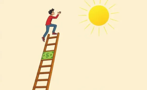 Person climbing a ladder made of dollar bills towards a bright sun