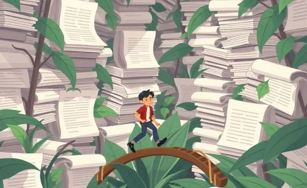 Cartoon person navigating legal paperwork jungle