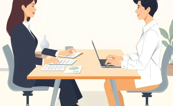Two people discussing financial matters over a table
